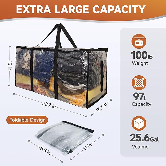CONGREGATE 6 Pack Extra Large Moving Bags with Zippers and Carrying Handles, Heavy-Duty Storage Tote Moving Boxes for Space Saving, Semi-Transparent 97L/25.6Gal (28.7"x13.7"x15")