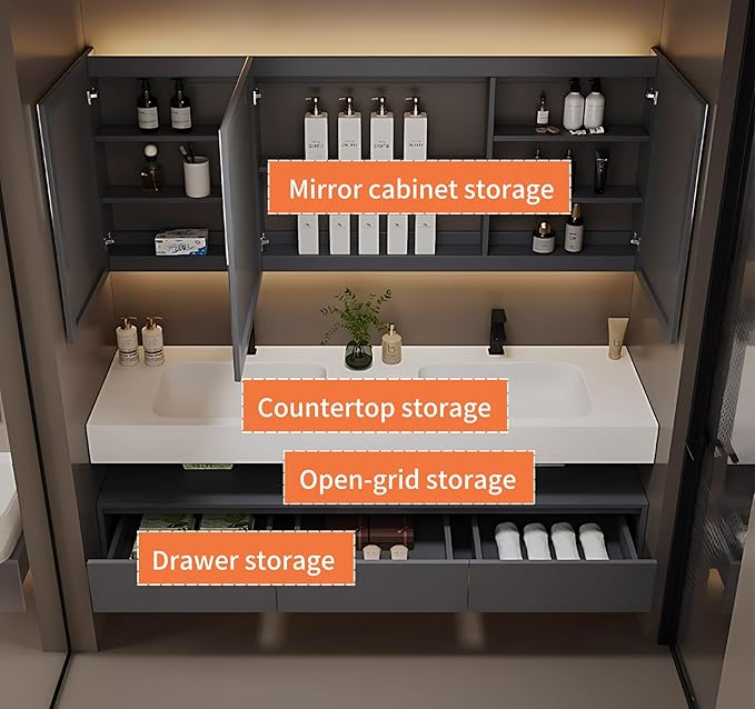 60IN Bathroom Vanity Double Sink - Double Sink Bathroom Vanity Set Include Smart Defogging Bathroom Mirror Cabinet with LED Light Strips, Abundant Storage Space with 3 Drawers (Mirror)