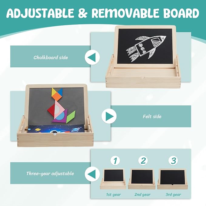 Sensory Board for Toddlers & Kids – Wooden Sensory Sequin Box with Flip Mats, Space Felt Puzzle & Tangram | Montessori Sensory Toy for Calm Down Corner, Autism, Classroom & Daycare