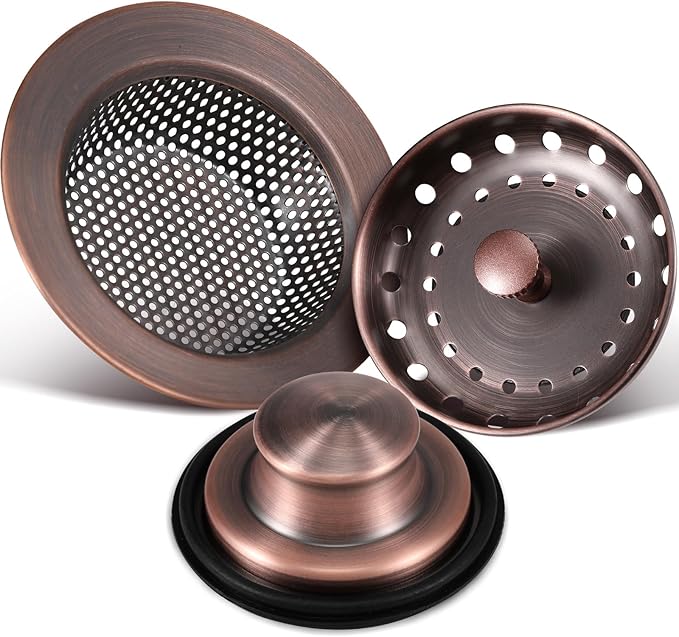 Mudder 3 Pcs Kitchen Sink Drain Strainer and Stopper Stainless Steel Garbage Disposal Plug with Handle Universal Anti-Clogging Kitchen Sink Filter Sieve Basket Strainer(Antique Copper)
