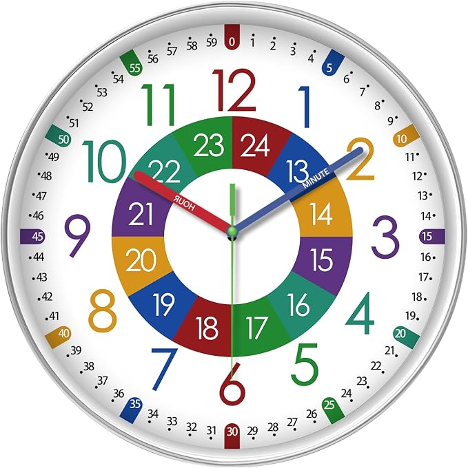 XFM Kids Wall Clock for Children's Bedroom 10 Inch Round Multi-Colored Learning