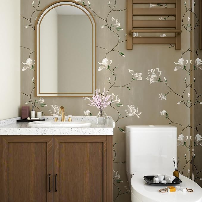Laatse Floral Wallpaper Peel and Stick 17.5" x 393" Khaki Floral Contact Paper