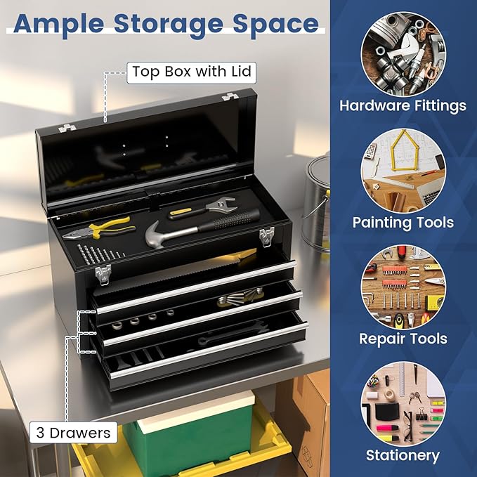 Metal Tool Box, 3-Drawer Tool Box with Carry Handle, 2 Latches & Liner, Portable Tool Chest Storage Box Organizer for Garage, Warehouse & Repair Shop (Black)
