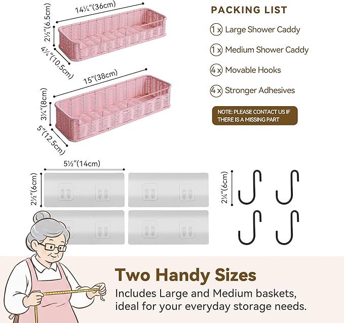 GRANNY SAYS 2 Pack Wicker Shower Caddy Hanging, Shower Shelf for Inside Showers, Adhesive Shelves for Bathroom Organizers and Storage, Bathroom Shelves Wall Mounted with 4 Hooks for Home Decor, Pink