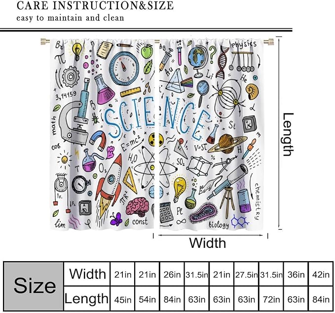 Science Symbols Kids Curtain Sketches Cartoon Chemistry Physics Geometry Education Pattern Print Window Drapes for Bedroom Living Room Kitchen Decor,2 Panel Set,63x63 Inch Blackout