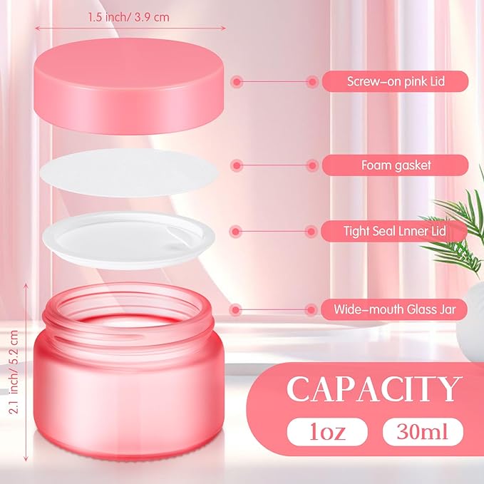 Domensi 100 Pcs 1 oz Glass Jars with Lids Bulk Round Glass Cosmetic Jars for DIY Lip Balm Small Travel Containers with Inner Liner for Lotions Powders Ointments Sample Cream(Pink,Pink)