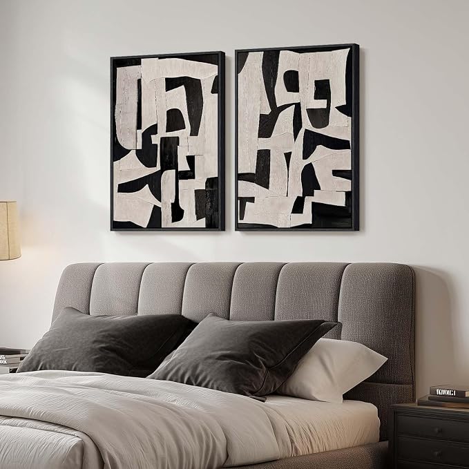 Large Framed Black and Beige Abstract Wall Art, Modern Art Prints Pictures