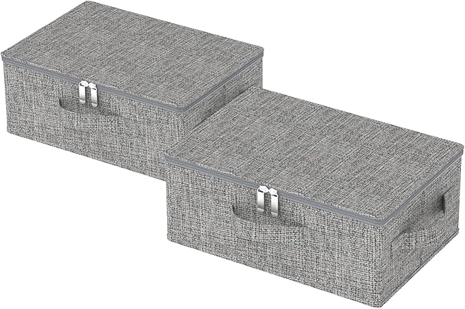 Blanket Bags with Lid, Foldable Underbed Storage Bins, Home Basket Container for Organizing Clothes, Shoes, Pillows, 14.9x10.2x5.9Inches, Grey, 2 Pack