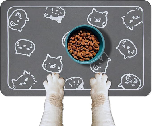 YCT Cat Food and Water Mat for Pets - Non-Slip Super Absorbent Dog Bowl Mat With Multiple Cat Heads Logo - 24 x 16.9 Inches, Dark Grey