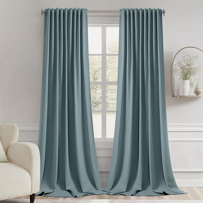 MIULEE Greyish Blue Back Tab Blackout Curtains 102 Inch Long 2 Panels Set