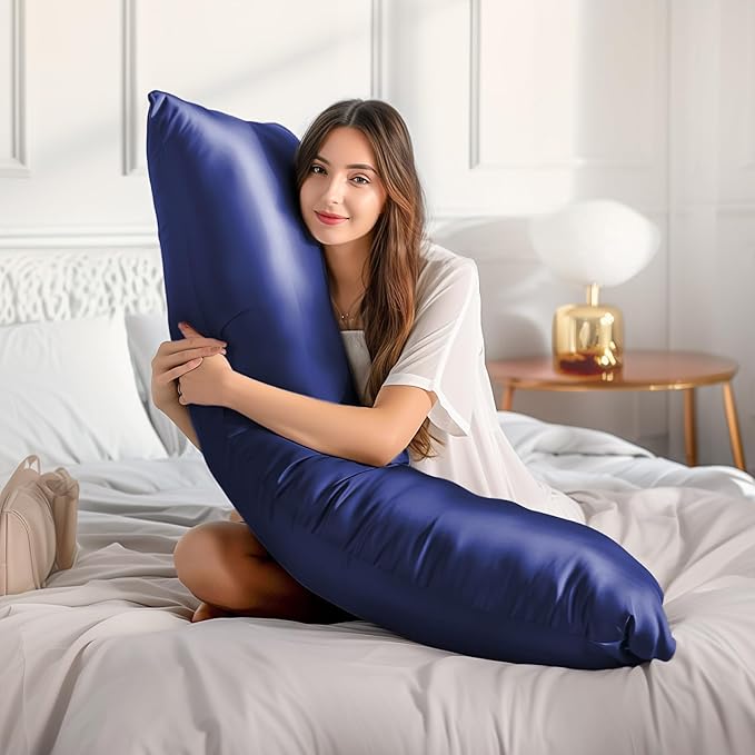 BEDELITE Satin Body Pillow Cover 2 Pack, Super Soft and Cooling Body Pillow Pillowcase for Hair and Skin, Breathable Silky Full Long Pillowcase Cover(20"x54", Navy)
