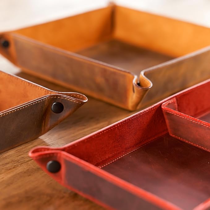 Handmade Leather Catch All Tray, Customizable Handcrafted Genuine Leather Valet Tray and Organizer for Keys, Phones, Jewels, Coins, Square - Small, Grey