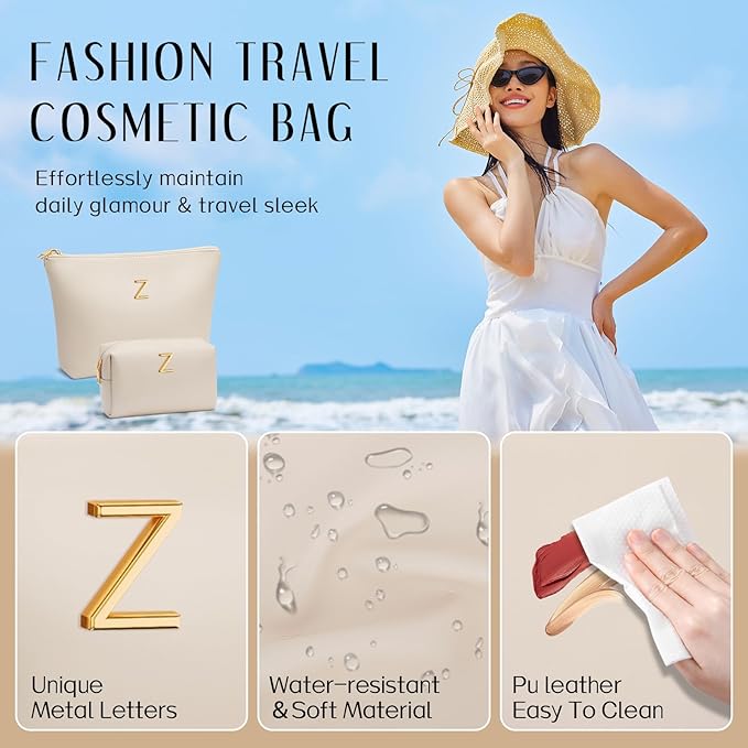 Valentine's Day Gifts for Women Girlfriend Initial Makeup Bag for Teen Girls Personalized Gifts for Friend Teacher Mom Wife Cosmetic Travel Toiletry Bag(Beige,Z)