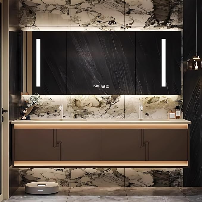 86IN Bathroom Vanity Set with Sink, Smart Defogging Vanity Mirror with 2 Light Strips | with Motion Sensing Light Strips, Bathroom Double Vanities with Sink Includes 2 Drawers (Mirror Cabinet)