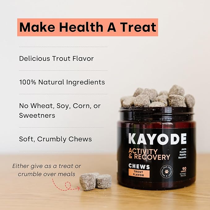 Joint & Recovery | 2-in-1 Joint & Muscle Chews. Help Reduce Pain & Increase Daily Activity. Helps with Arthritis and Pain Prevention. Tasty Trout Flavor.
