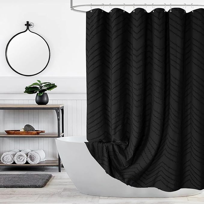 Extra Long Black Boho Shower Curtain 96 Inch Black Tufted Chevron Striped Fabric Shower Curtains for Bathroom Modern Shabby Chic Waterproof Cloth Shower Curtain Set with Hooks