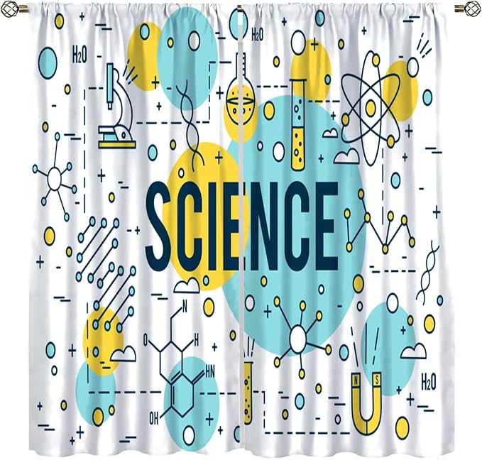 Science Window Curtains, Chemistry Chemical Science Pharmacy Research Room Darkening Door Window Rod Pocket Curtain for Girls Boys Kids Bedroom Study Room Classroom Set 2 Panels,63x63 Inches