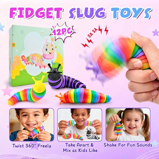 Cevioce 12PCS Slug Fidget Toys Bulk, Easter Gifts for Boy Girl Toddler 3+ Sensory Figette Worm for Adults Stress Relief for Autism ADHD Autistic Travel Toys Easter Basket Stuffers for Kids A