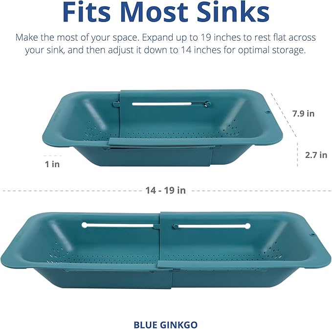 BLUE GINKGO Over the Sink Colander Strainer Basket - Wash Vegetables and Fruits, Drain Cooked Pasta and Dry Dishes - Extendable - New Home Kitchen Essentials (7.9 W x 14.5-19.5 L x 2.75 H) - Teal