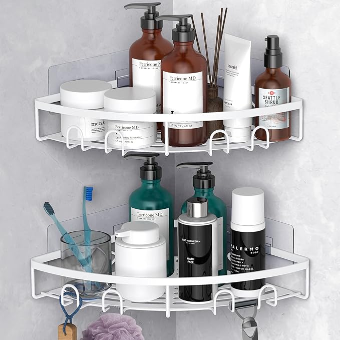 Corner Shower Caddy, 2 Pack Adhesive Bathroom Shower Corner Organizer Shelf, No Drilling Rustproof Wall Mounted Shower Storage Rack Shampoo Holder Organizer (White)