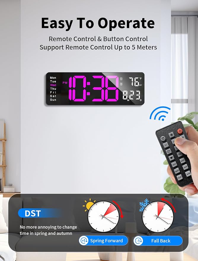 MASHI Digital Wall Clock, Auto-Dimming Wall Clock