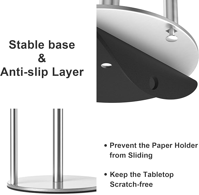Paper Towel Holder Silver, Premium Stainless Steel Kitchen Roll Dispenser, Countertop Roll Organizer with Weighted Base