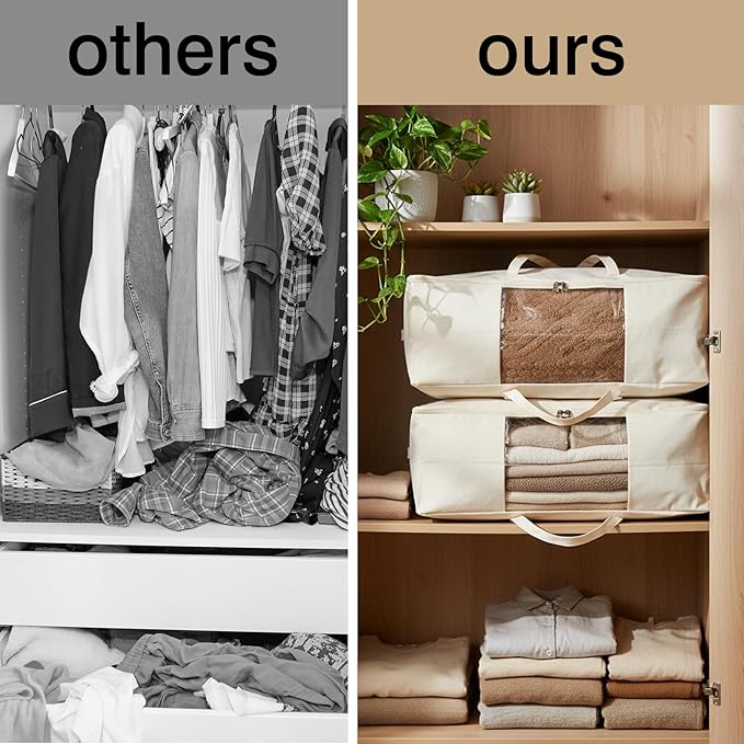 YGEOMER 4 Pack Canvas Comforter Storage Bags with Zipper Foldable Closet Organizers Storage Containers with Reinforced Handle for Dorm Organizing, Bedroom, Closet, Blanket, Clothing