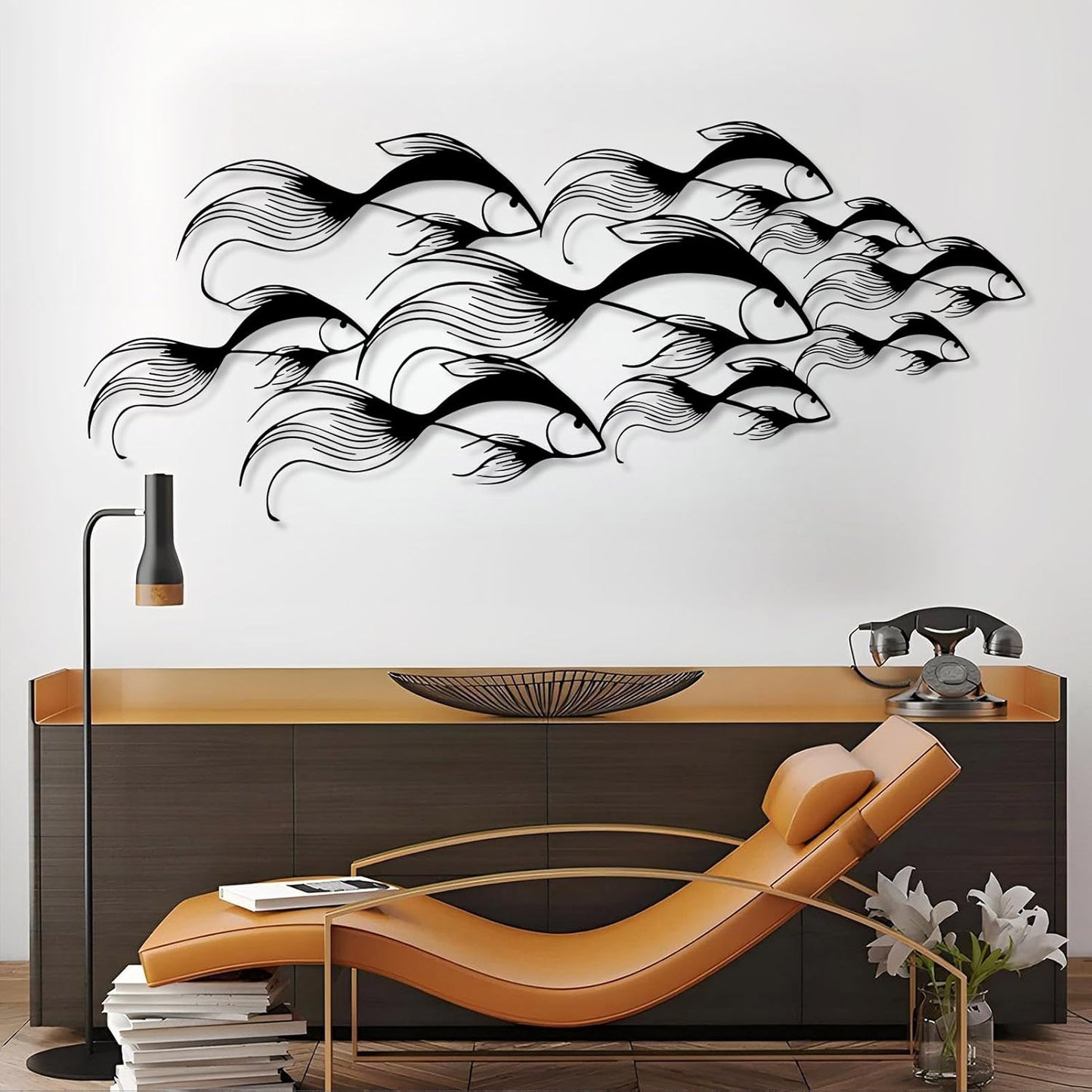 School of Fish Metal Wall Art, Metal Fish Wall Decor, Sea Life Wall Art, Large Nautical Wall Hanging, Modern Beach House Wall Decor, Ocean Themed Artwork for Bathroom (Silver, 59"x25" | 150x64cm)
