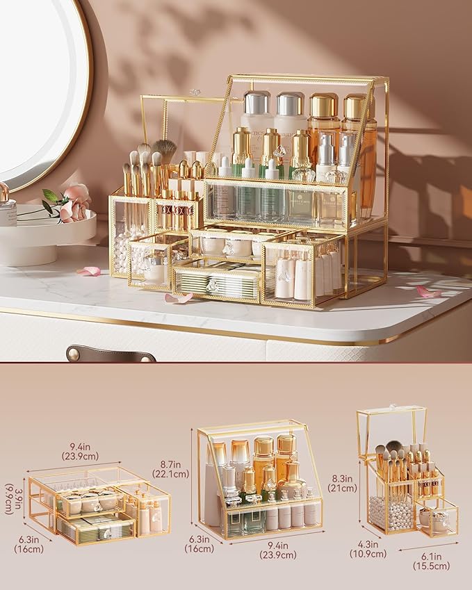 Clear Makeup Organizer with Gold Frame – Countertop Vanity Organizer for Skincare, Lipsticks, Perfume & Brushes – Bathroom Cosmetic Storage Display Box