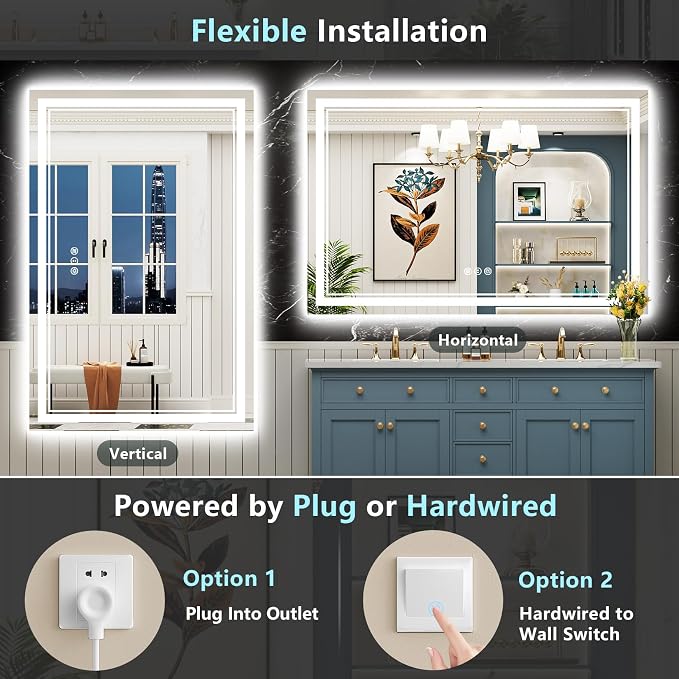 55x36 LED Bathroom Mirror with Lights, Backlit and Front Lit Anti-Fog Lighted