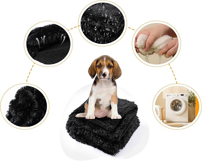 Calming Fleece Cat Blankets Black Waterproof Pets Blanket for Dogs Reversible Long Faux Fur Puppy Throw Blankets(Black,L)