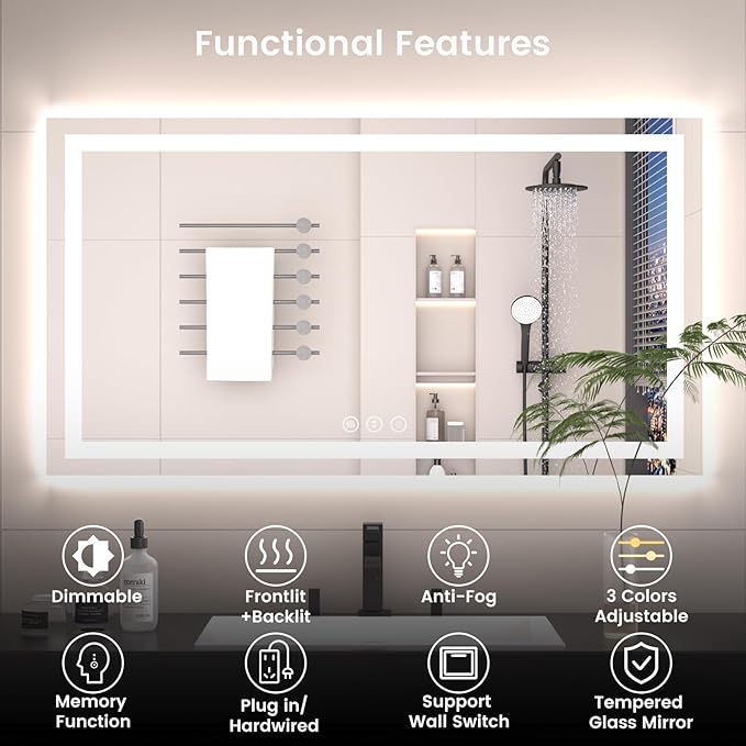 30x30 LED Bathroom Mirror with Lights, Anti-Fog, Backlit + Front Lit (CRI>90), Lighted Bathroom Vanity Mirror for Wall, Memory Function, Dimmable, Tempered Glass, Shatter-Proof, ETL Listed