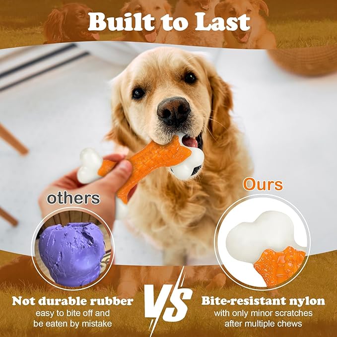 6-Pack Indestructible Dog Toys for Aggressive Chewers: Peanut Butter Flavored Hard Nylon Bone Chew Toys, Tough Dog Chew Toys, Dog Toys to Keep Them Busy for Medium Large Dogs, Orange