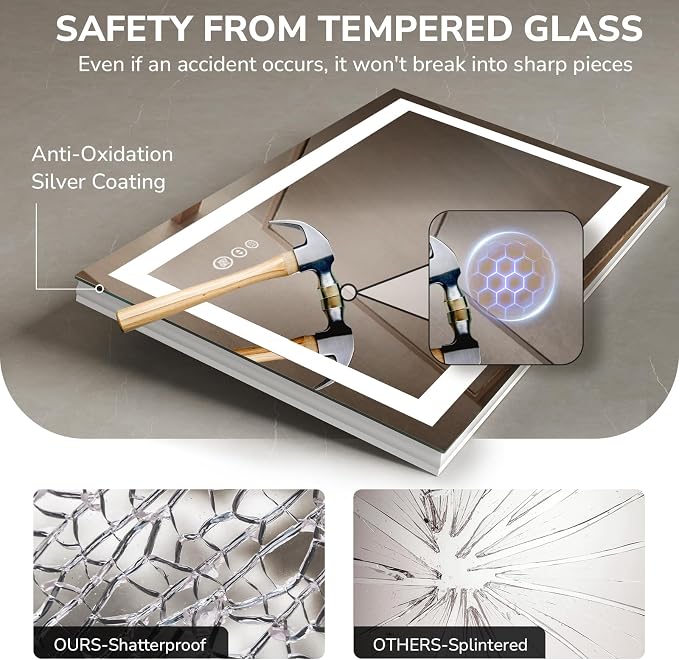 USHOWER LED Bathroom Mirror 20x28 Inch Tempered Glass