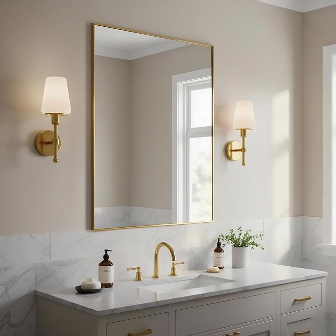 24x30 Inch Brass Bathroom Mirror for Wall, Aluminum Frame Rectangle Rectangular Vanity Mirror, Modern Large for Bedroom, Living Room, Horizontal or Vertical