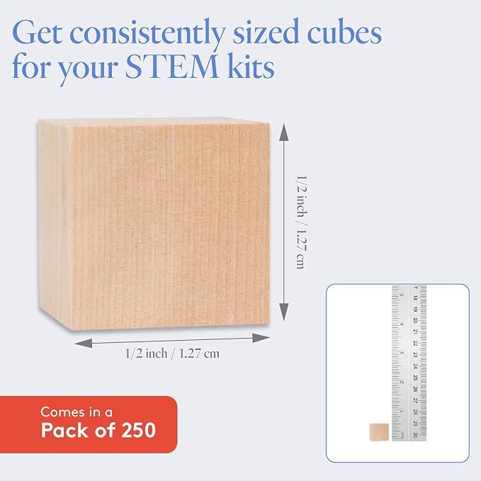 DIY Wooden Cubes 1/2-inch, Pack of 250 Small Blank Wooden Blocks, Unfinished Wood Blocks for Crafts, STEM, Dice, and Building Blocks for Stacking, by Woodpeckers