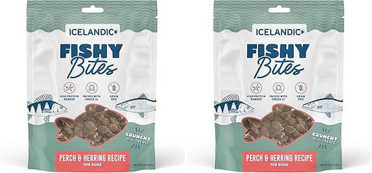 Icelandic+ Fishy Bites: Perch & Herring - 2oz - Dog Treats, Crunchy Mini Snacks, 3 Ingredient Pet Rewards, Preservative Free, Slow Baked, Natural (Pack of 2)