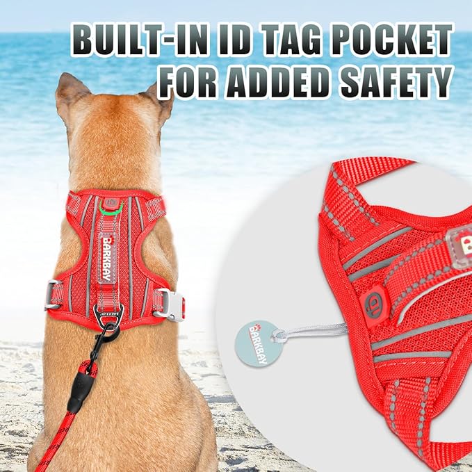 BARKBAY No Pull Dog Harness Large Reflective Dog Harness with Front Clip and Easy Control Handle for Walking Training Running with ID tag Pocket(Red,XS)