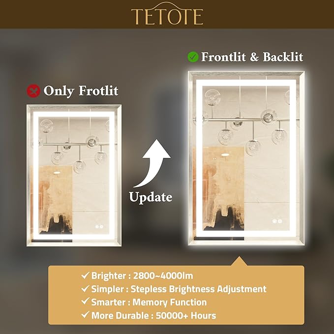 TETOTE 55 x 36 Bathroom LED Mirror Brushed Bright Nickel Metal Frame Frontlit & Backlit Vanity Mirror Stepless Dimmable Anti-Fog 3 Colors White/Warm/Natural Light up Vanity Mirror Wall-Mounted