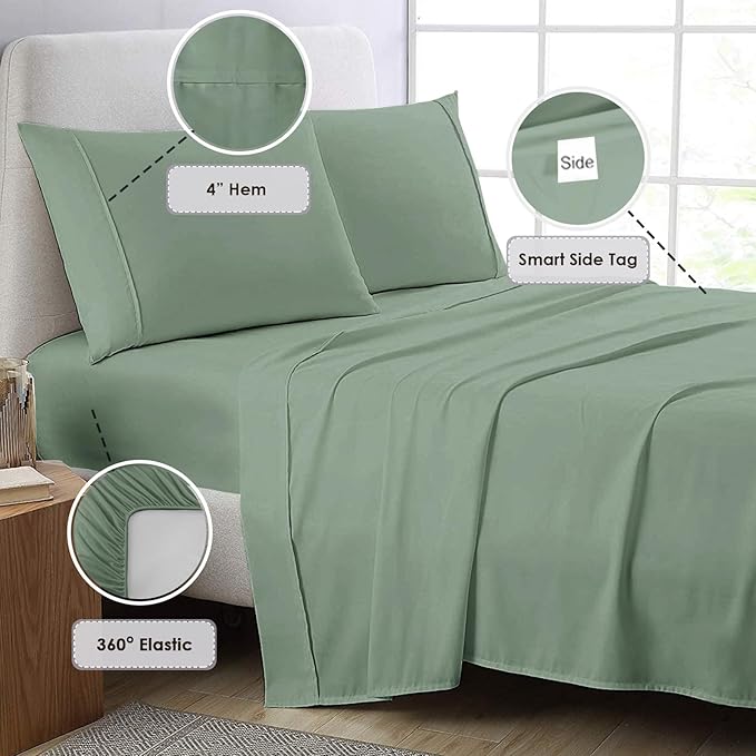 Pizuna Pure 100% Cotton Bed Sheets Set King Size Sea Foam, 800 Thread Count 100% Long Staple Cotton Sateen King Sheet Set with 15" Deep 2 Extra Pillowcases (Combed Cotton Bed Sheet Set)