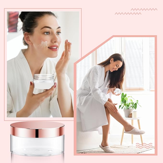 Dandat 24 Pcs 4 oz Plastic Jar Container with Lid and Label Refillable Empty Round Clear with Rose Gold Pet Cosmetic Sample Slime Containers for Lotion, Cream, Ointments, Body Butter, Travel Storage