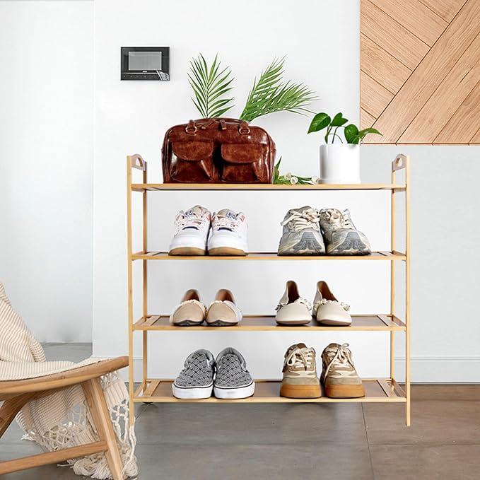 4 Tier Bamboo Shoe Rack, Free Standing Shoe Racks, Shoes Rack Organizer, Bamboo Wood Shoe Rack for Entryway and Closet Hallway (27.5" x 9.25" x 27.1")