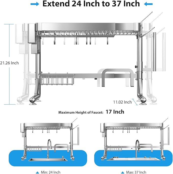 Over The Sink Dish Drainer Drying Rack, 2 Tier Adjustable Width (20.87'' to 37.6'') 304 Stainless Steel Large Over Sink Dish Drying Rack for Kitchen Counter Organizer, (Silver)
