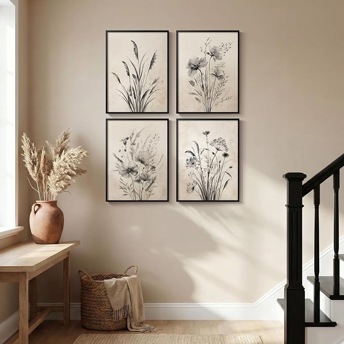 Framed Vintage Botanical Wall Art, 4 Piece Neutral Rustic Boho Floral Canvas