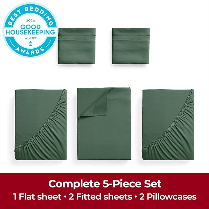 Mellanni Extra Deep Split King Sheets - 5 PC Iconic Collection Bedding - Hotel Luxury, Ultra Soft, Cooling Bed Sheets - Wrinkle, Fade, Stain Resistant (Split King, Emerald Green)