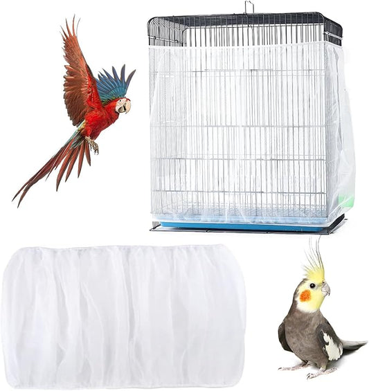 Adjustable Bird Cage Netting - Seed Catcher Guard Net Cover Skirt for Parrot, Parakeet, Macaw - Round & Square Cages - White