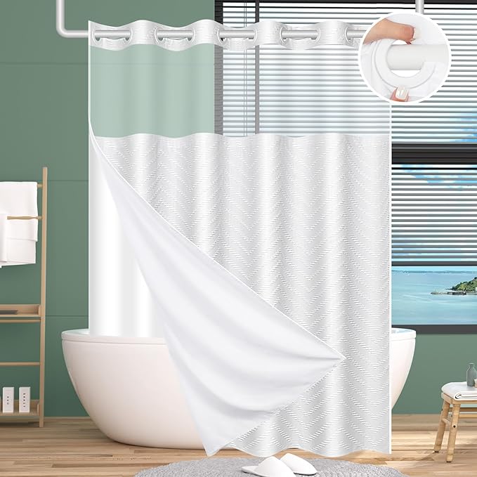 No Hook Shower Curtain and Snap in Liner Set White Tufted Chevron Striped Cloth Waterproof Washable Fabric Boho Farmhouse Bath Curtain See Through Mesh Top Window for Bathroom Hotel 71" x 86"