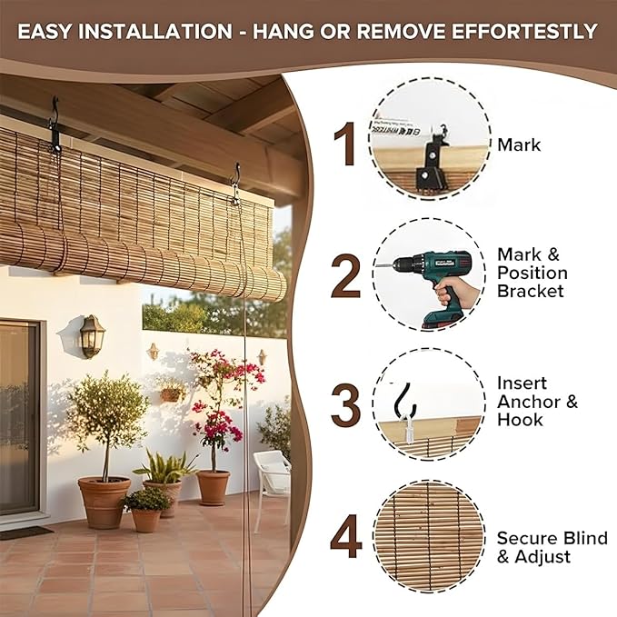 Blackout Bamboo Roller Shades for Outdoor Patio Reed Roll Up Blinds 24" 36" 48"