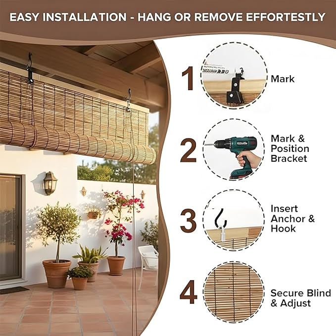 Blackout Bamboo Roller Shades for Outdoor Patio Reed Roll Up Blinds 24" 36" 48"