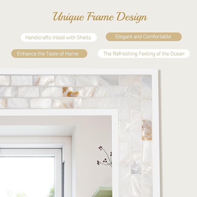 Mosaic Bathroom Mirrors for Wall 24x36 Inch, Natural Mother of Pearl Inlay